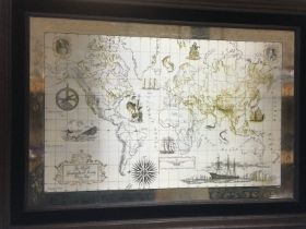 Two Royal Geographical Society framed silver maps of the world, approx 71cm x 51cm. Shipping