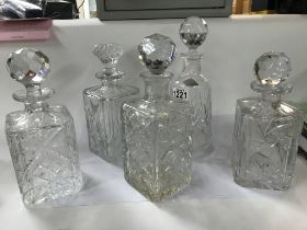 Five glass cut decanters. (No reserve)