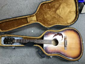 An acoustic guitar with hard case.