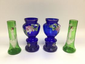 A pair of green and blue glass ornamental vases and other glass and ceramic items. Shipping category