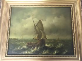 Two framed 20th century oil paintings Marine views studies of sailing ships one signed Jean Laurent.