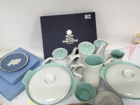 A collection of boxed Wedgwood Jasperware plates a Royal Worcester plate and a quantity of poole mid
