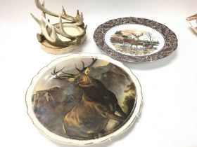 A collection of stag ornaments including candle ho
