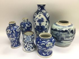 Six Chinese blue and white ceramic vases, the tall