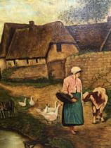 A framed oil painting on canvas study of a farm yard scene with a young girl on a path 90cmx70cm and