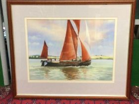 A framed watercolour of a Thames barge boat by C.A