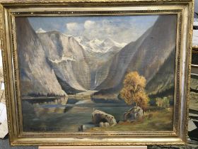 A framed oil painting mid 20th Century a view of the Norwegian Fjords Indistinctly signed and