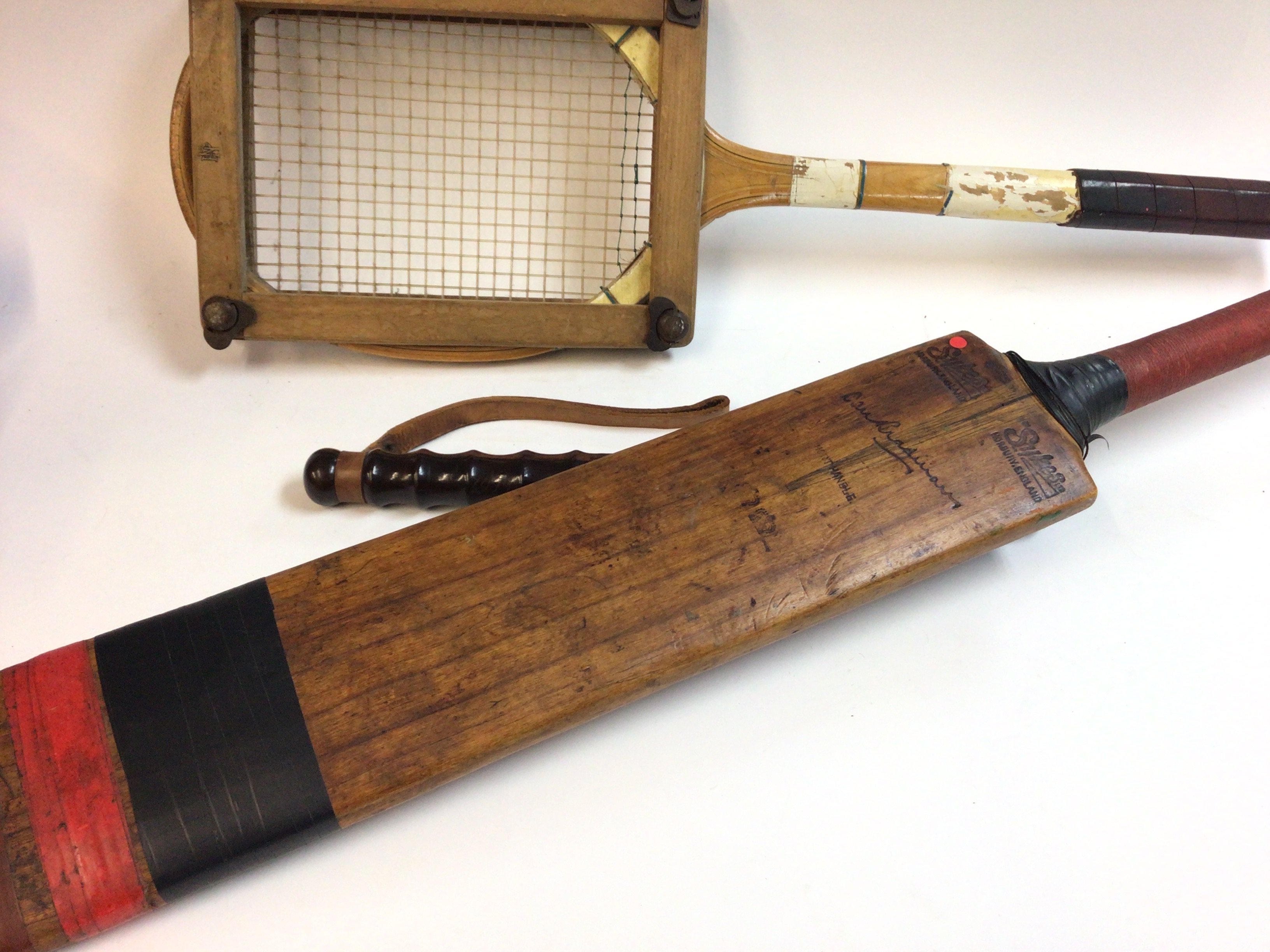 An old cricket bat along with a vintage tennis rac - Image 2 of 3