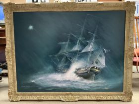 Micheal Barton, A large gilt framed oil on canvas painting of the HMS Lutine during rough seas, (She