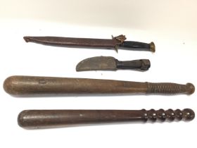 Two Victorian truncheons and two knifes including