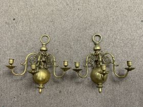 A pair of colonial style brass 3 branch wall sconces. (D)