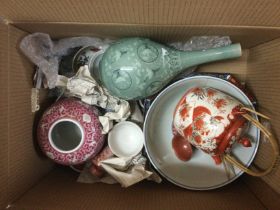 Three boxes of mainly Oriental ceramics. Shipping