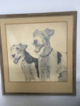 A framed pencil sketch study of two Terrier signed