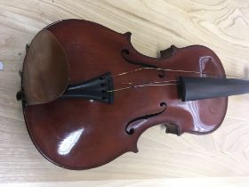 A cased violin Antonio lechi 41 cm button to back with to two bows .