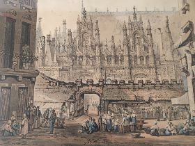 A framed 19th century coloured print a study of a street market Rouen France circa 1825 83x67cm