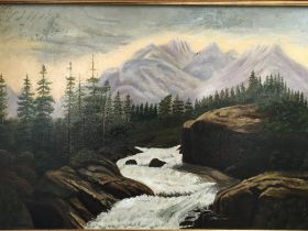 A framed oil painting on canvas study of a fast running river with mountains beyond unsigned and