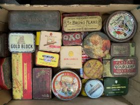 A box of vintage tins together with a box of mixed