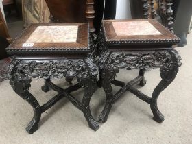 A pair of antique Chinese rosewood and marble inlaid side tables. 49cm x 30cm x 30cm. (D)