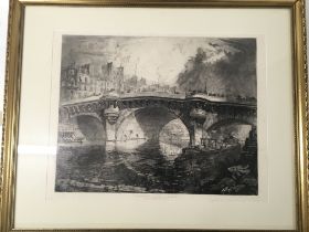 A large framed etching a study of the 17th Century bridge at Toulouse Le Pont Neuf. 73x87cm