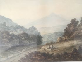 A framed late 18th or early 19th century watercolour figures on a hill side. Unsigned in the style