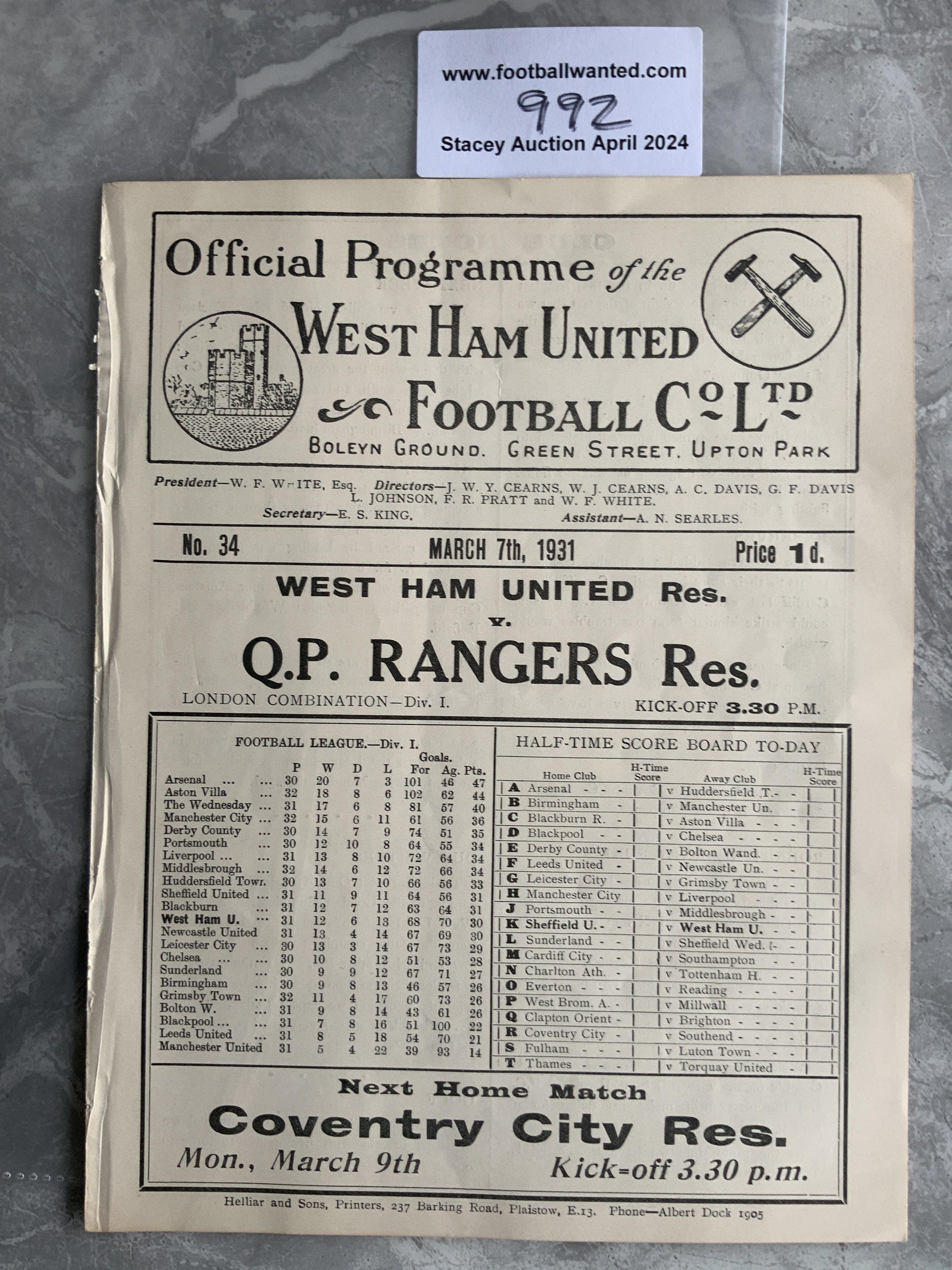 30/31 West Ham Reserves v QPR Football Programme: