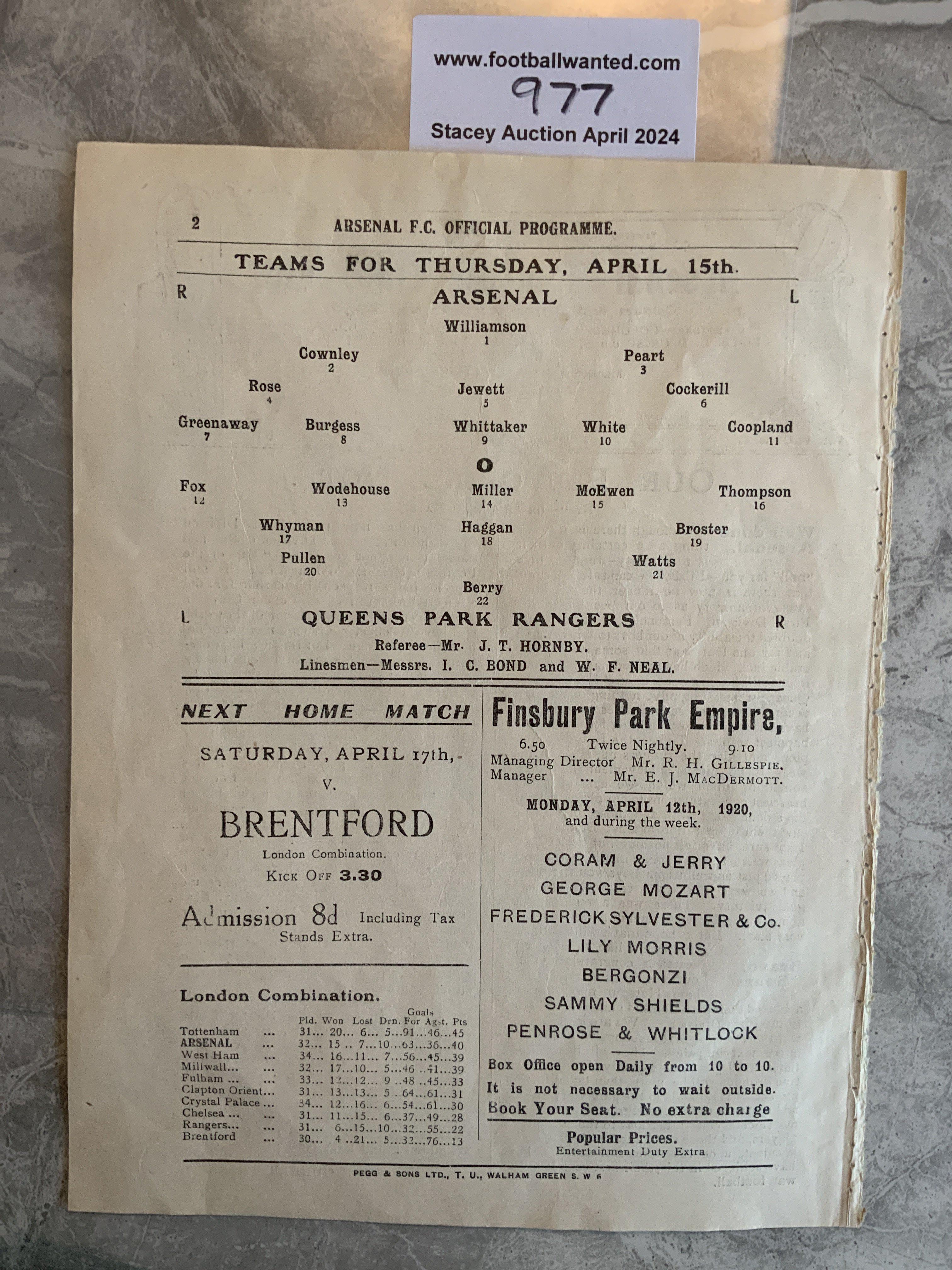 1919 - 1920 Arsenal Reserves v QPR Football Progra - Image 2 of 2