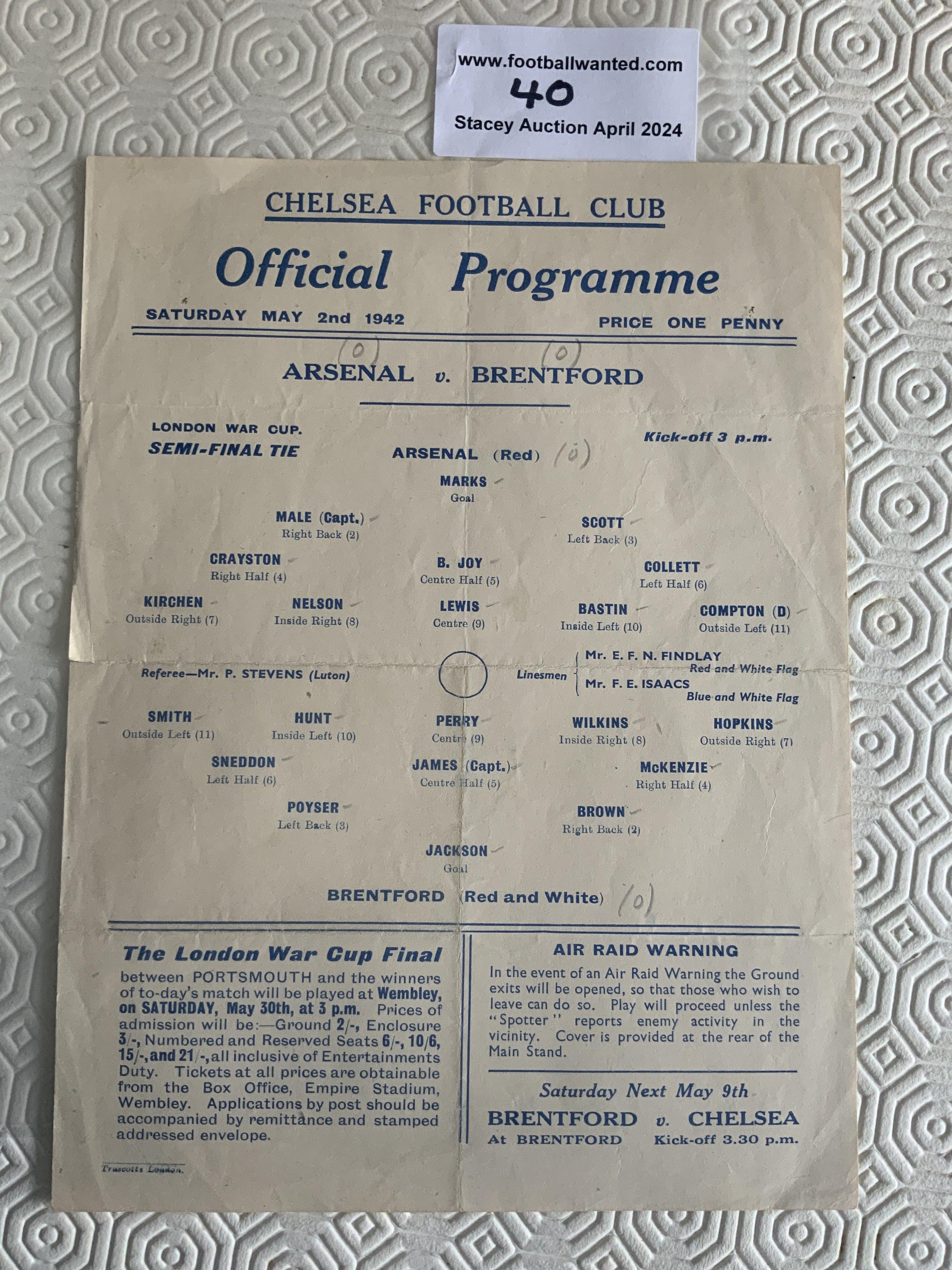 1942 Arsenal v Brentford London War Cup Semi Final