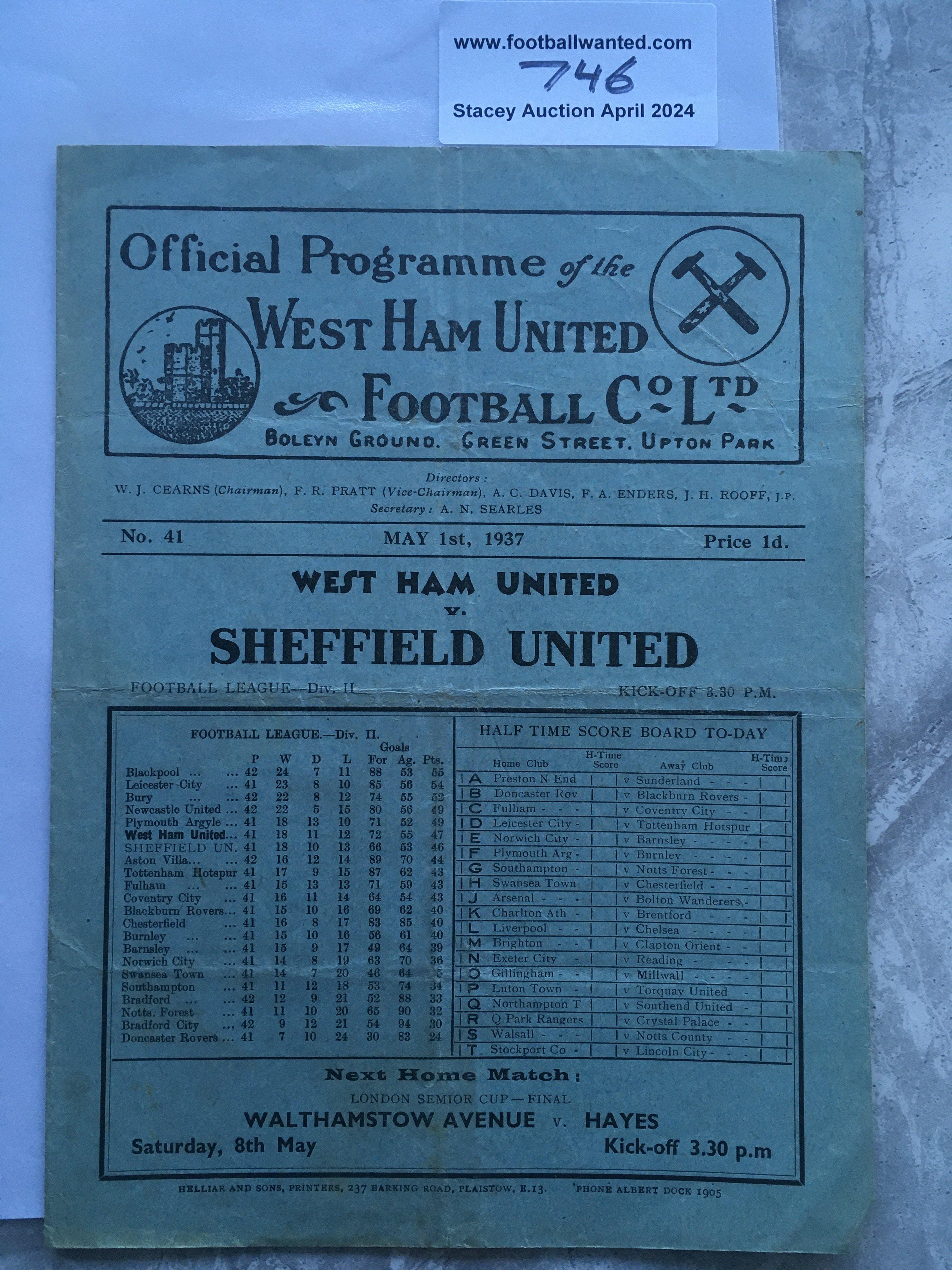 36/37 West Ham v Sheffield United Football Program