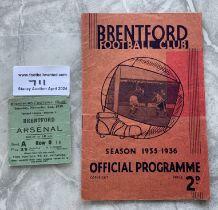 35/36 Brentford v Arsenal Football Programme + Tic