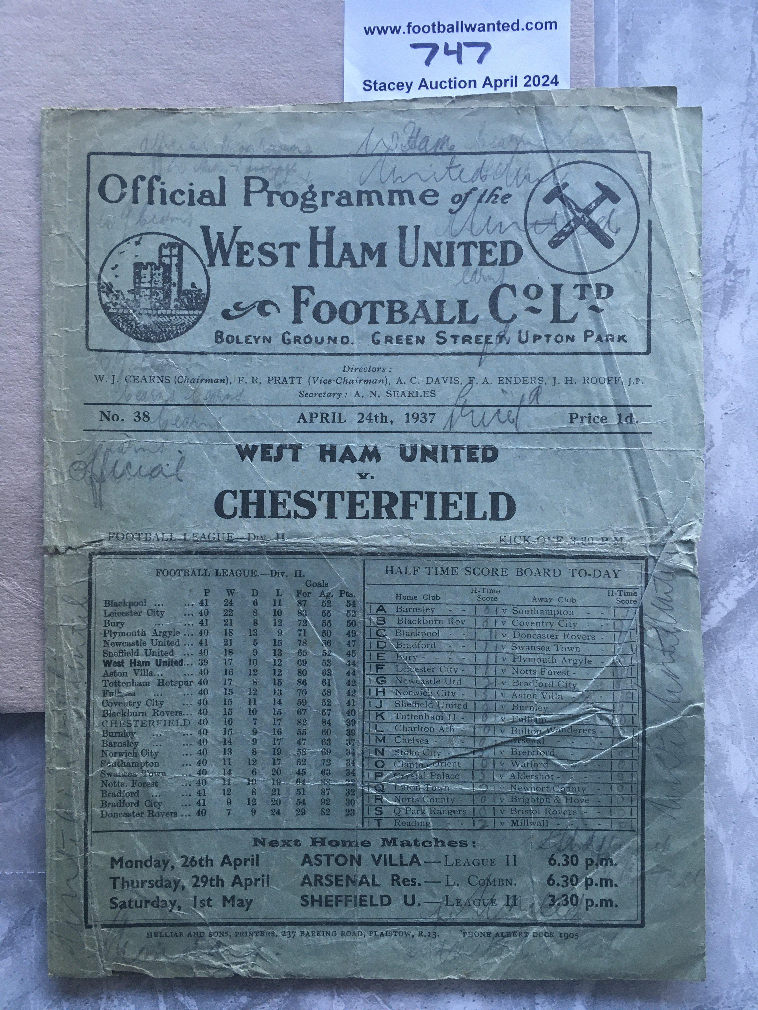 36/37 West Ham v Chesterfield Football Programme: