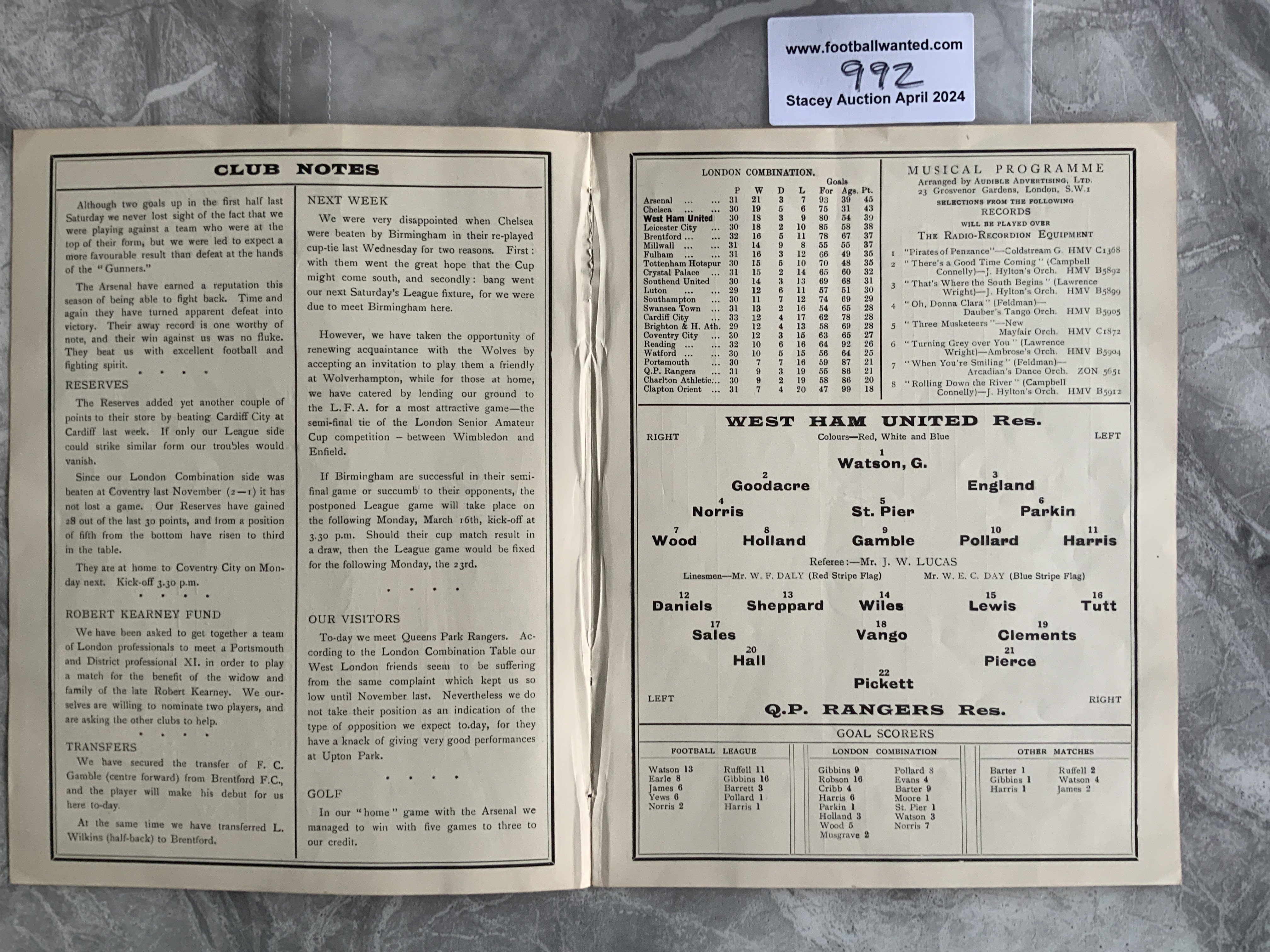 30/31 West Ham Reserves v QPR Football Programme: - Image 2 of 2