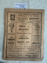 1922 - 1923 Brentford v Bristol City Football Prog