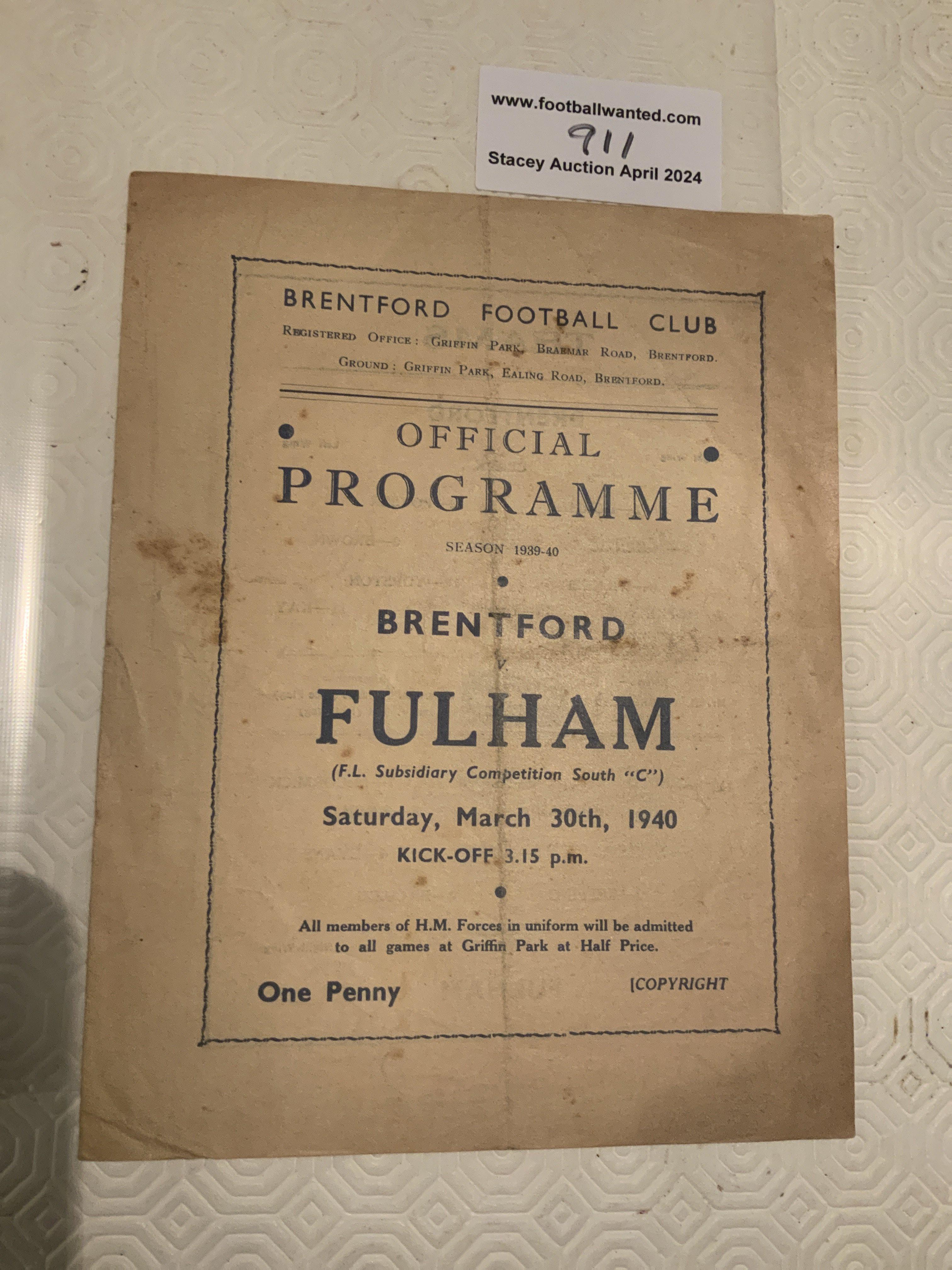 39/40 Brentford v Fulham Football Programme: Footb