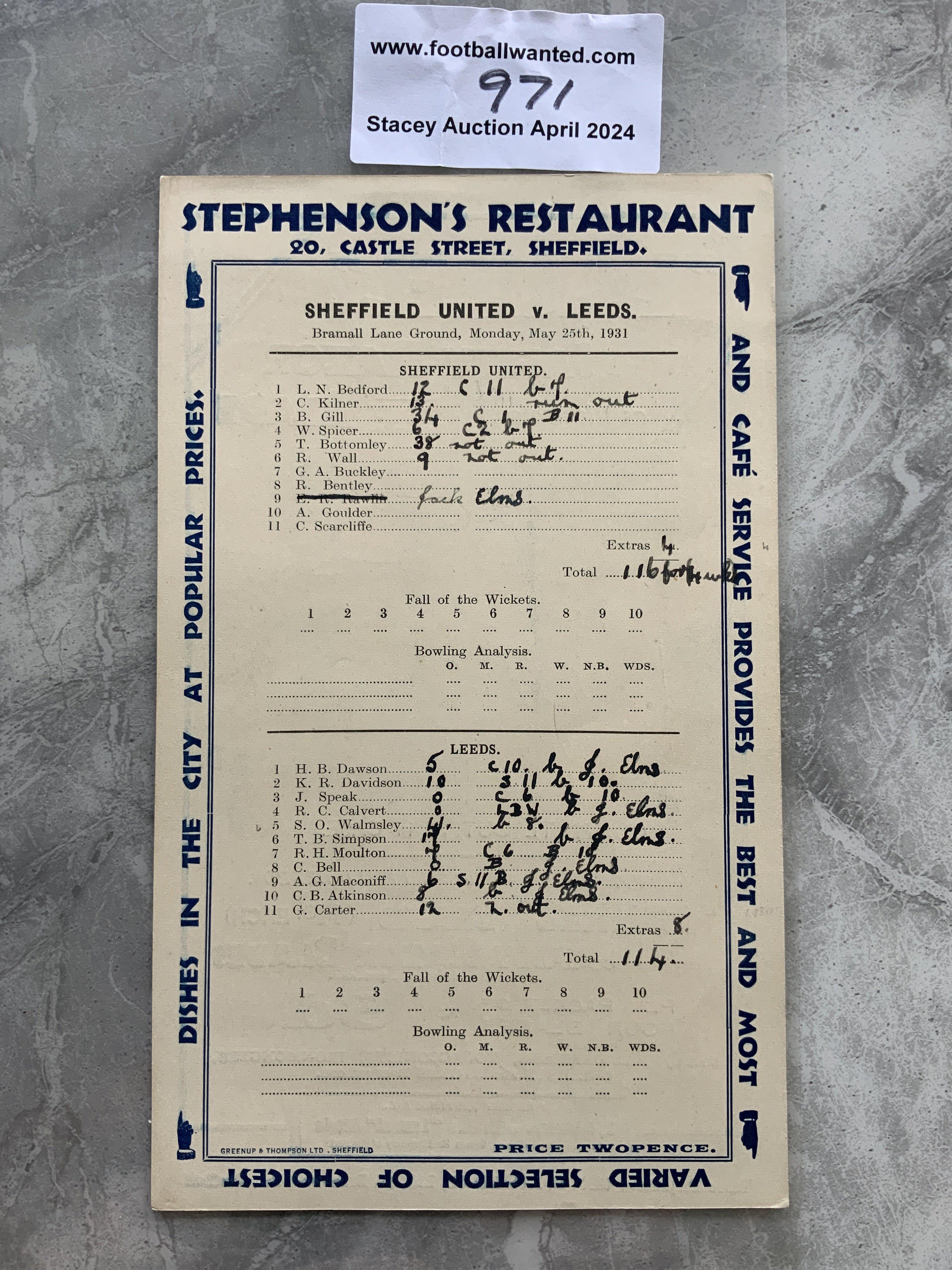 1931 Sheffield United v Leeds Cricket Programme: P