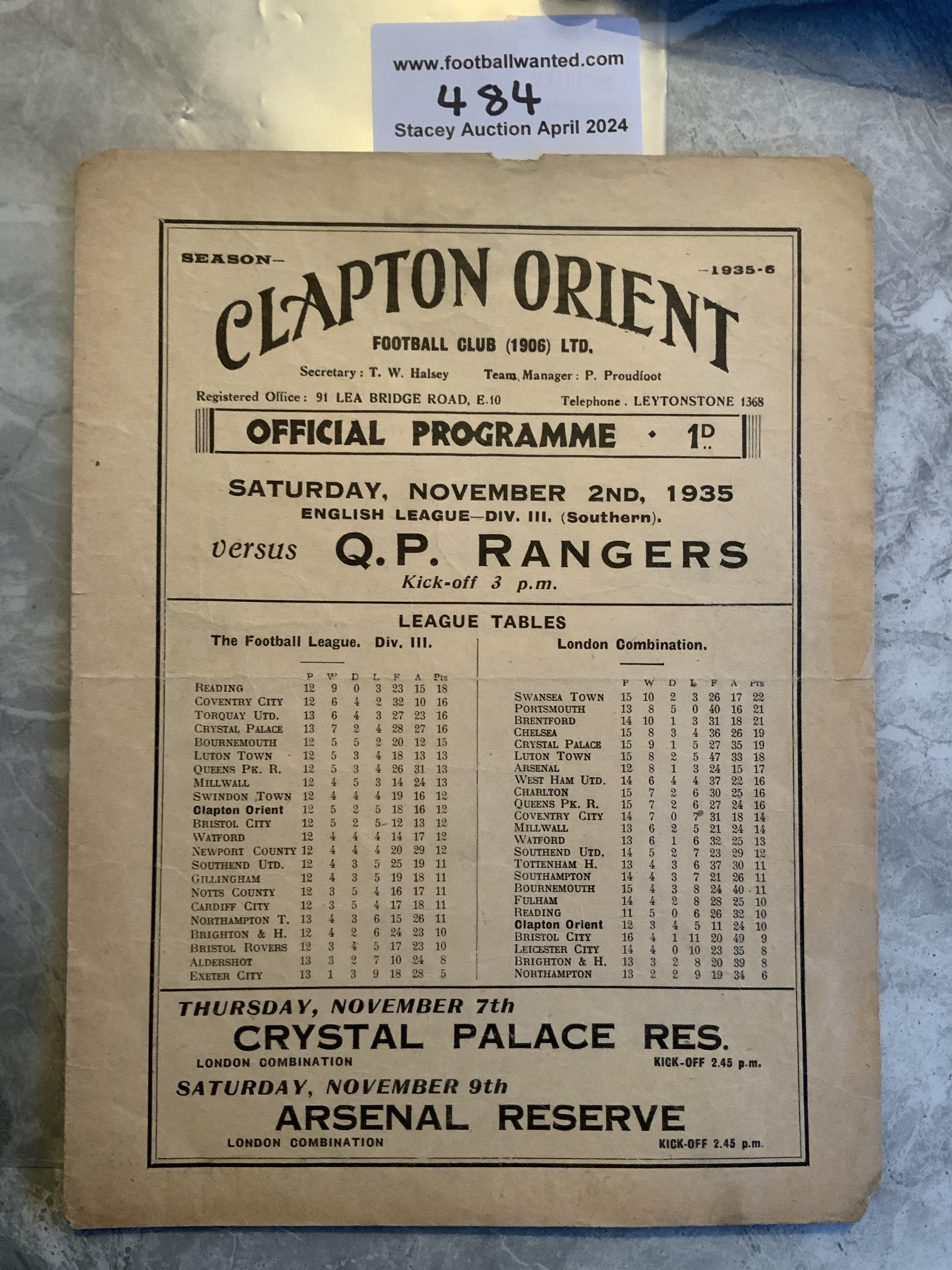 35/36 Clapton Orient v QPR Football Programme: Goo