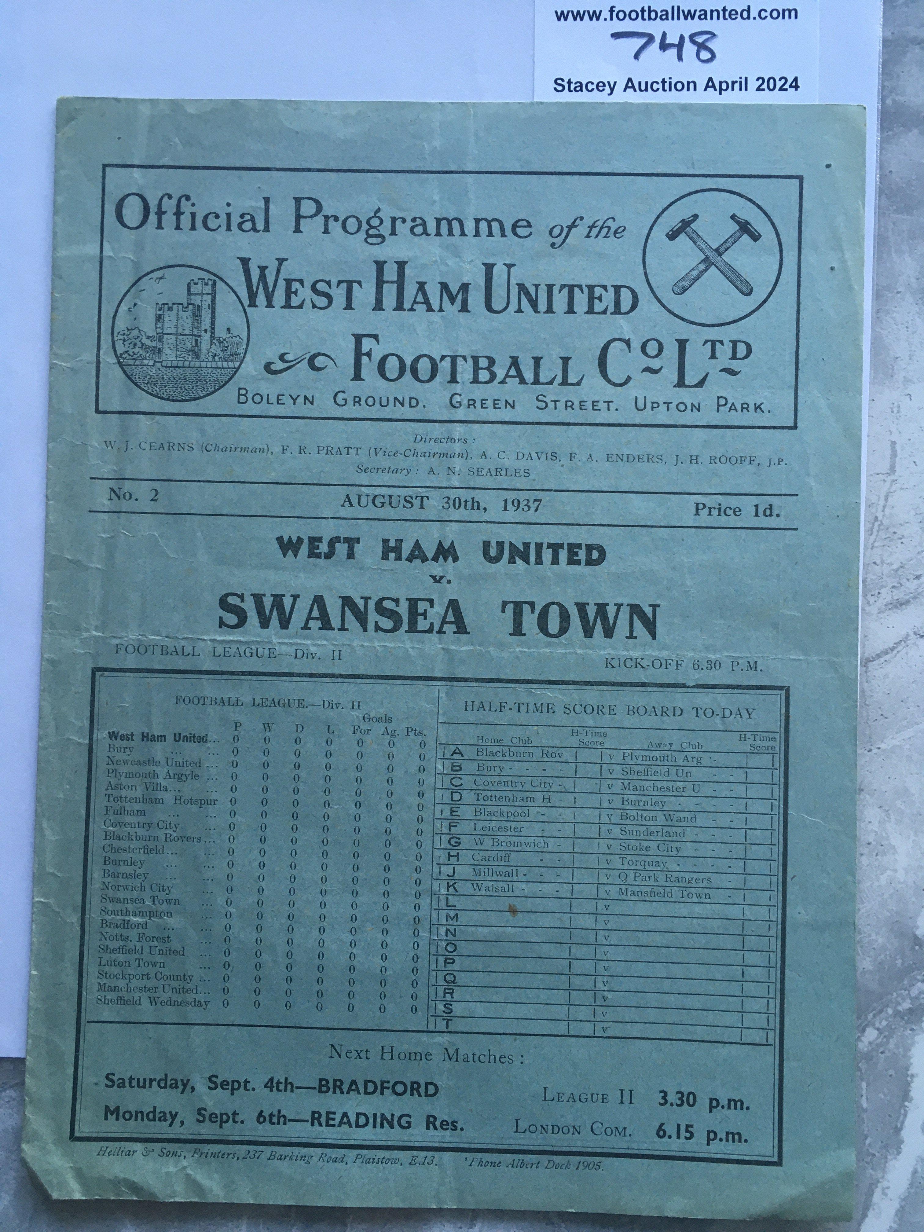 37/38 West Ham v Swansea Town Football Programme: