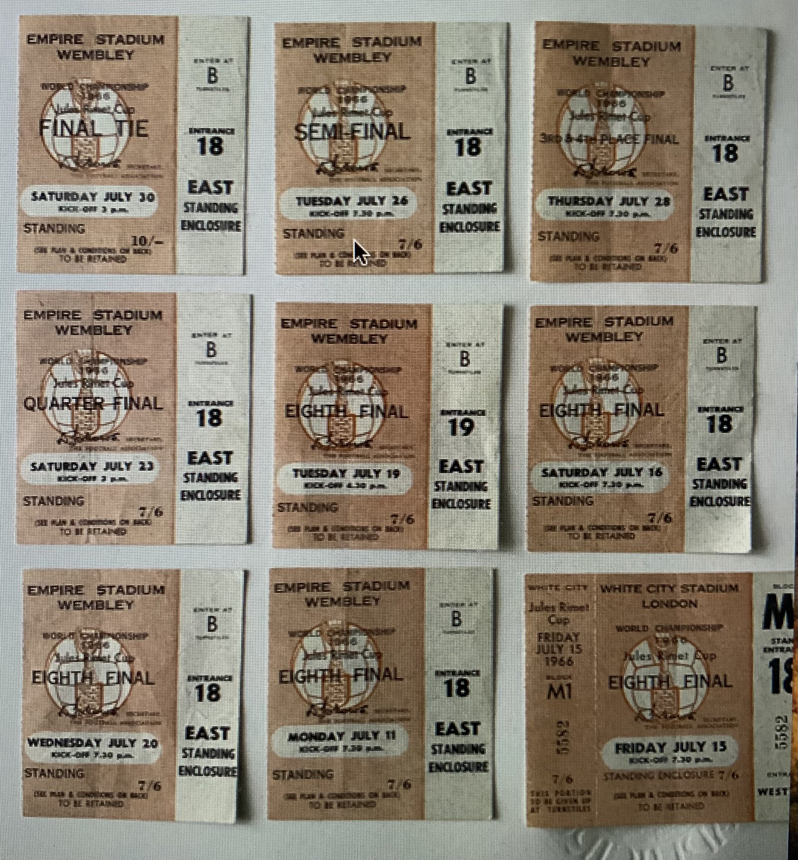 1966 World Cup Football Tickets: 9 of the 10 ticke