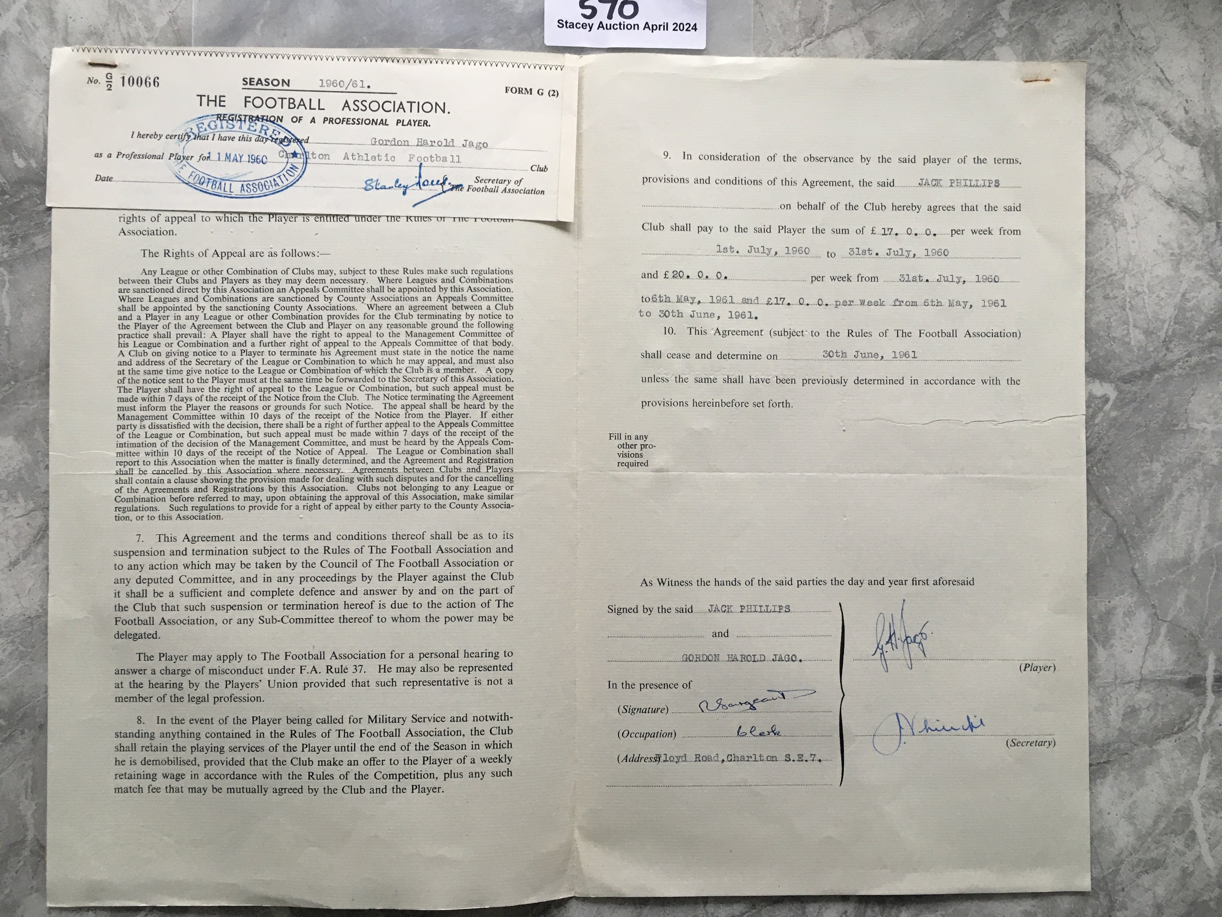 Gordon Jago Charlton 60/61 Football Contract: Payi - Image 2 of 2