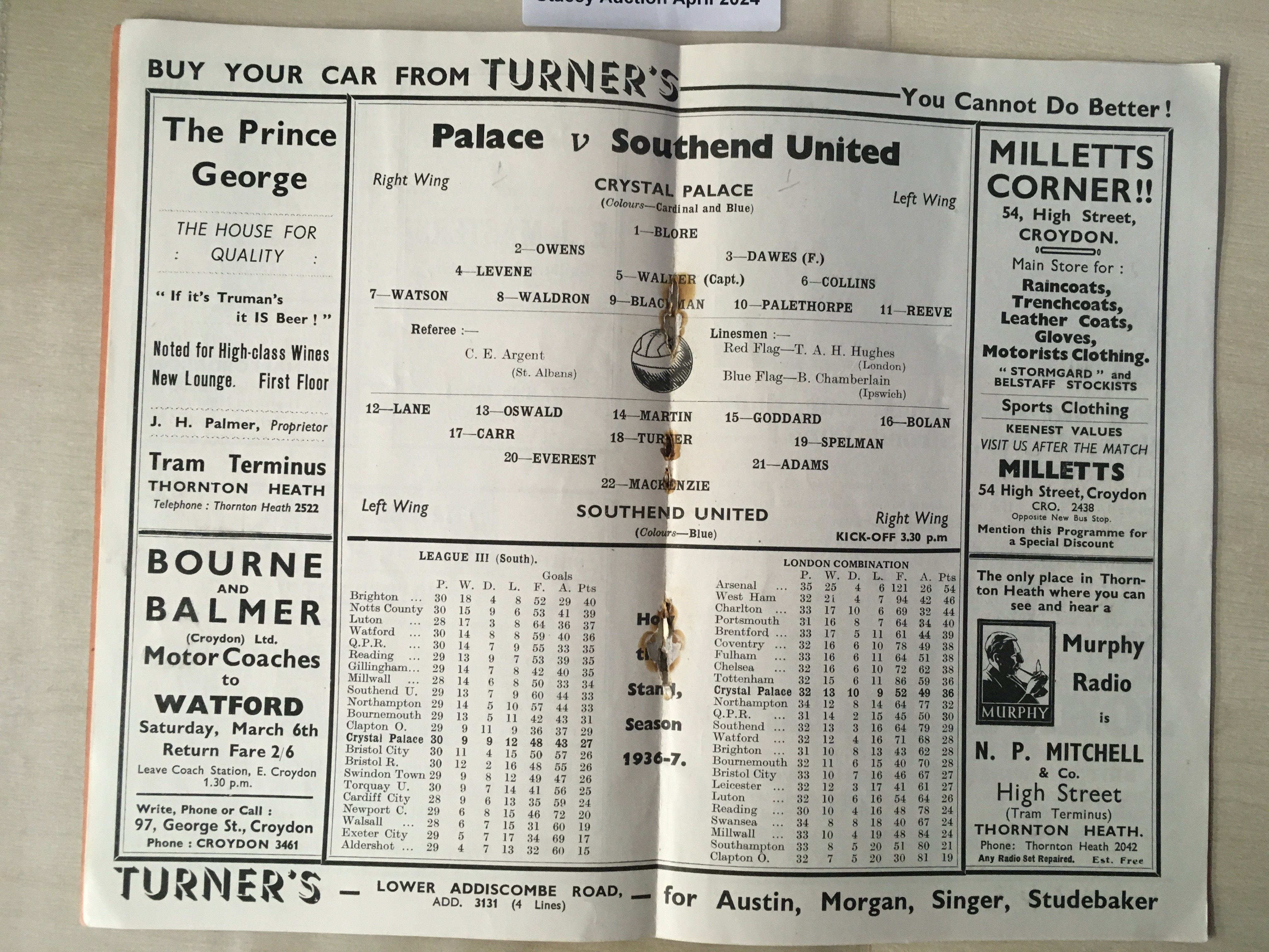 36/37 Crystal Palace v Southend United Football Pr - Image 2 of 2