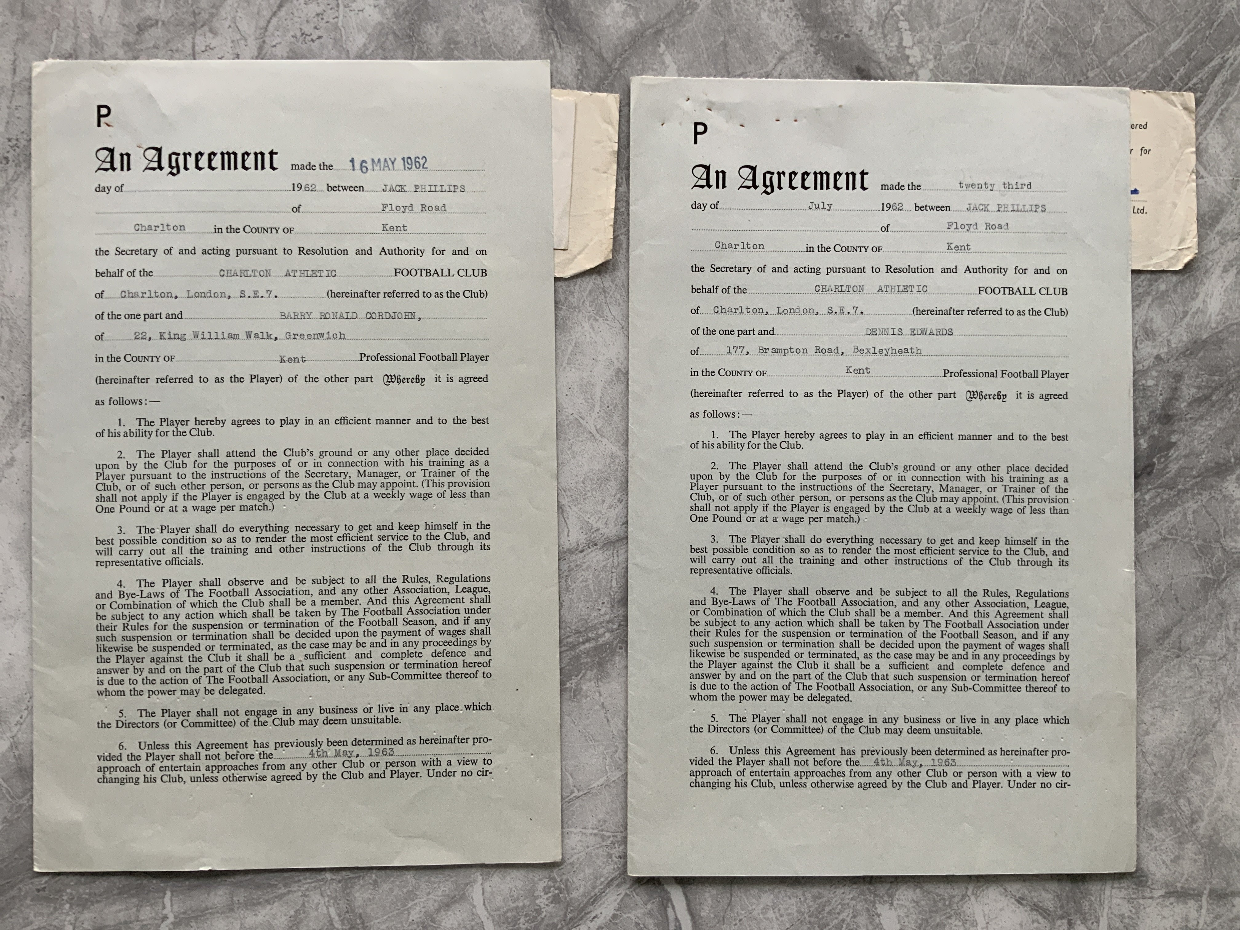 Charlton 62/63 Football Contracts: Original contra