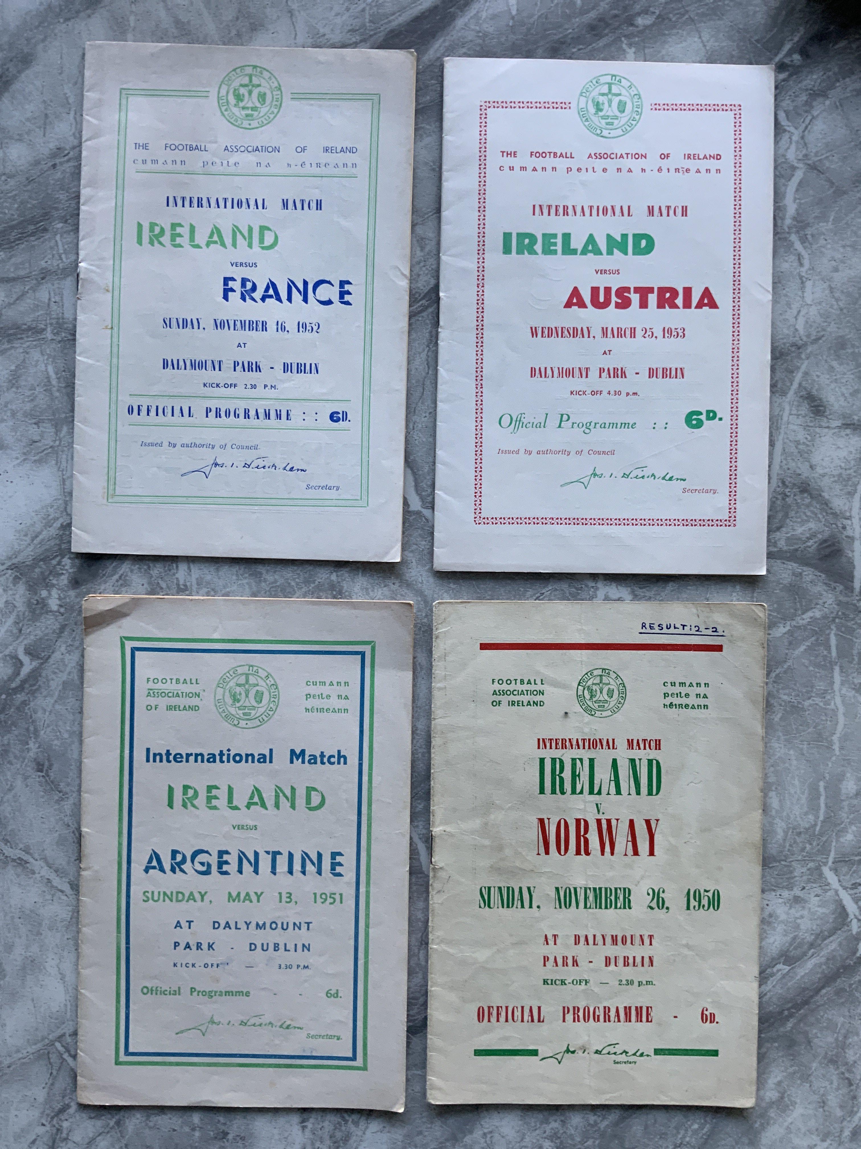 Republic Of Ireland Home Football Programmes: 1950