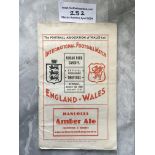 1938 Wales v England Football Programme: Fair/good