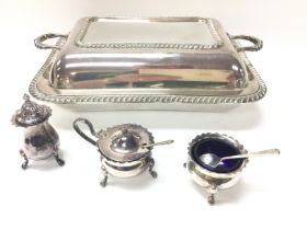 A Silver Plated Tureen and a Condiment Set.