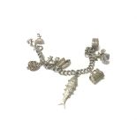 A silver charm bracelet with a number of charms. T