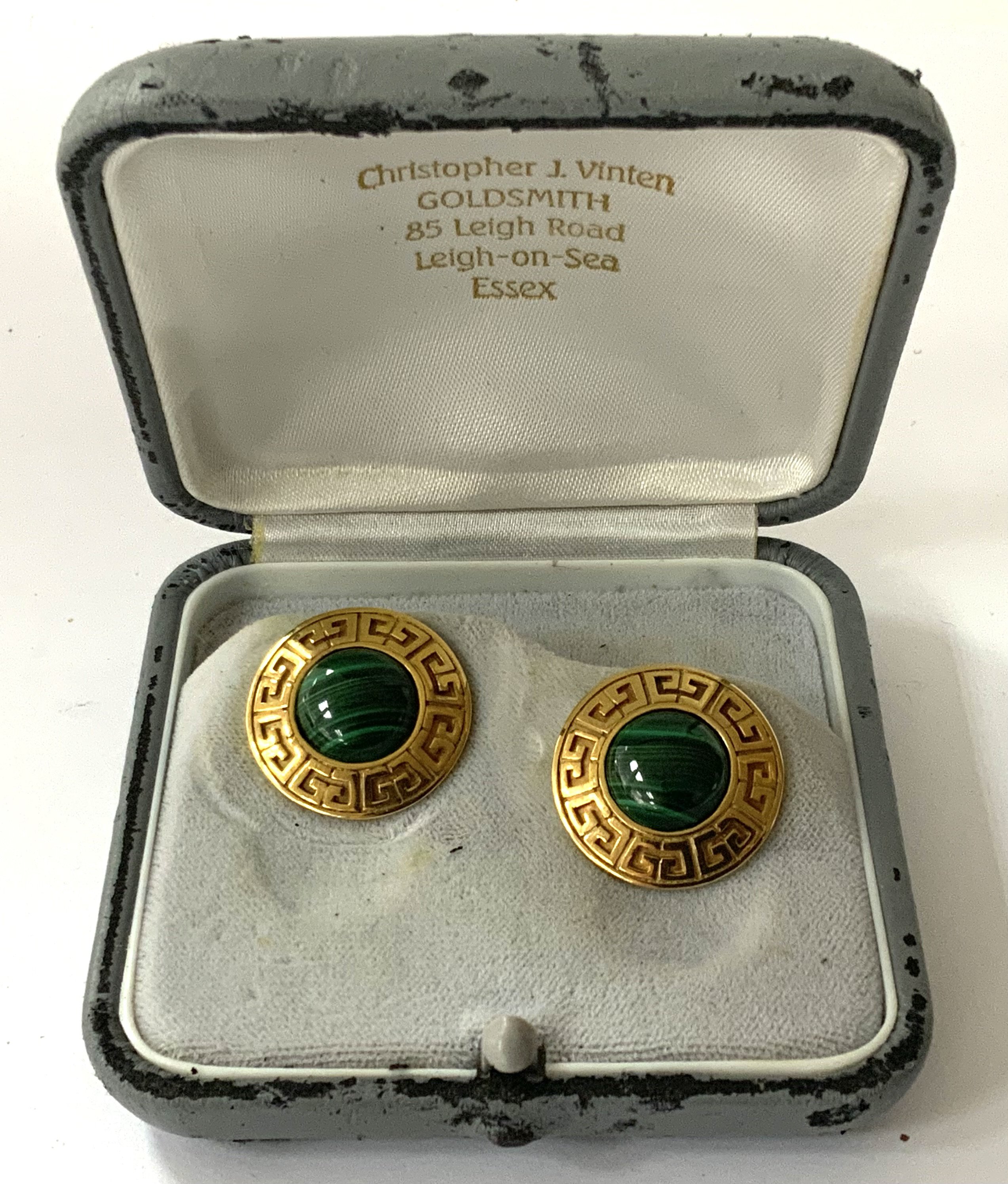 A pair of 9ct gold and malachite set earrings with