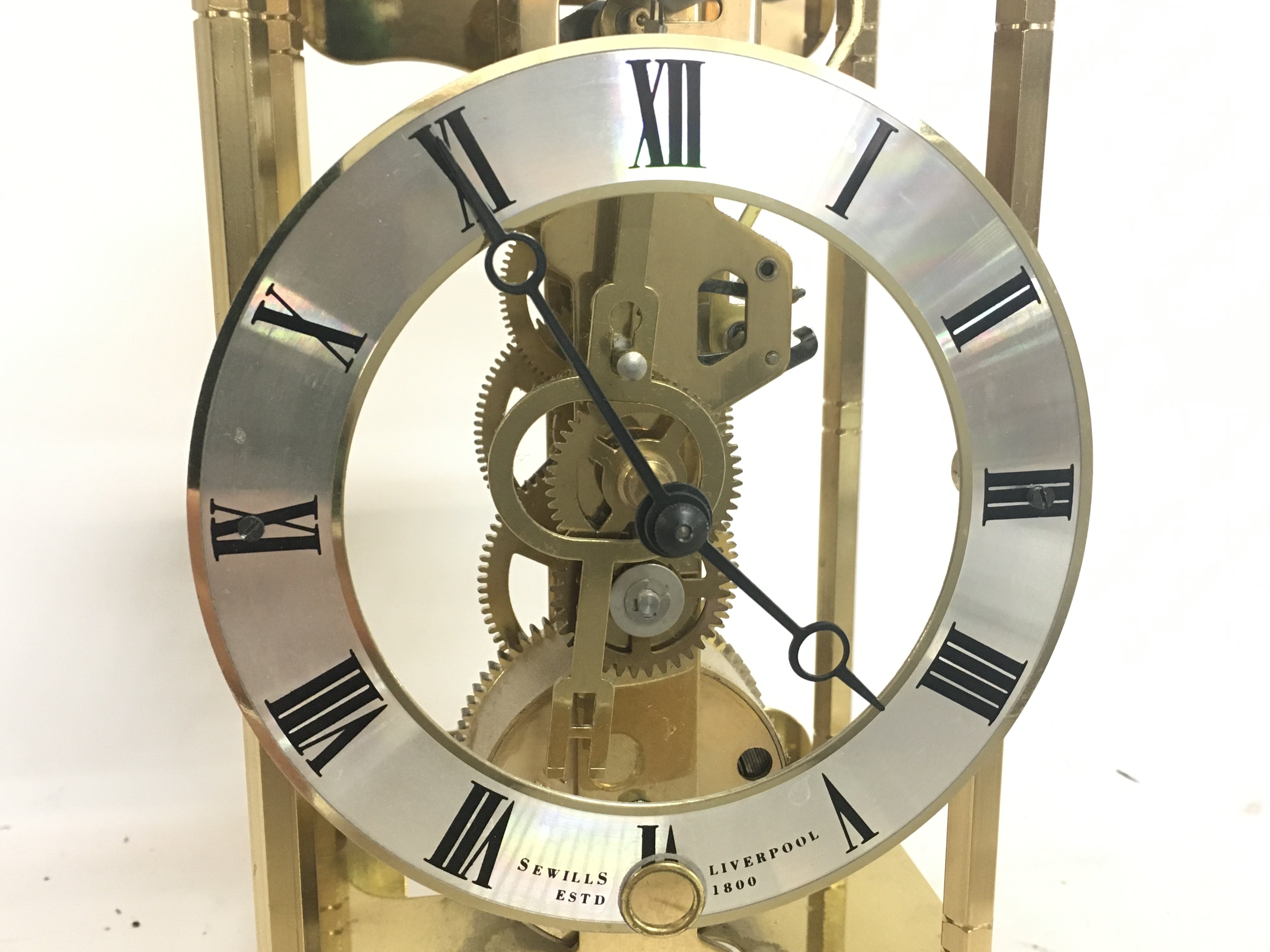 A Sewills skeleton brass mantle clock, 24cm tall a - Image 2 of 3