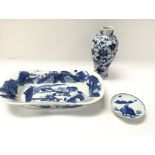 Two Chinese dishes and a small vase approx 20cm ta