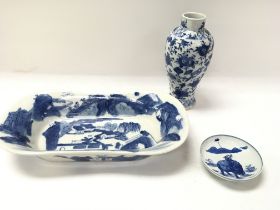 Two Chinese dishes and a small vase approx 20cm ta