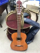 An acoustic guitar with fitted canvas case.