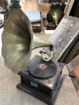 A vintage HMV gramophone, with horn